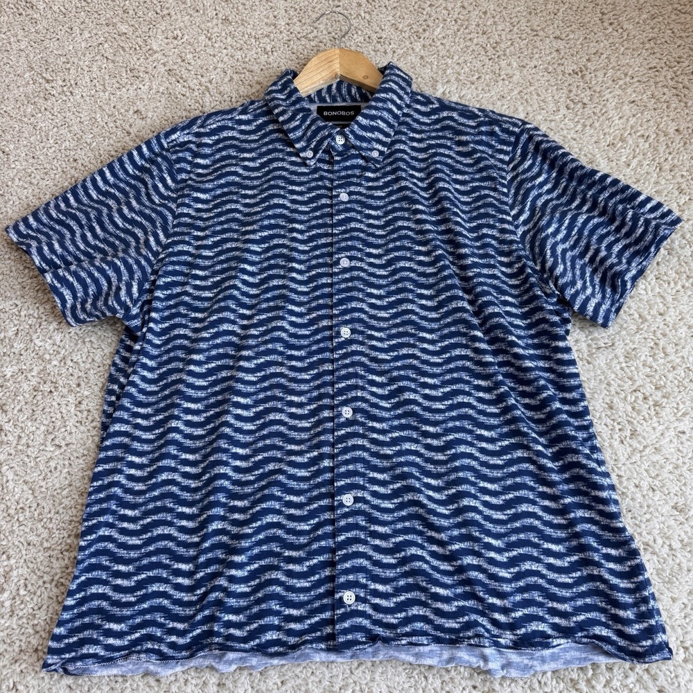 Bonobos Button Down Shirt Mens XL Blue Wave Print Slim Fit Short Sleeve